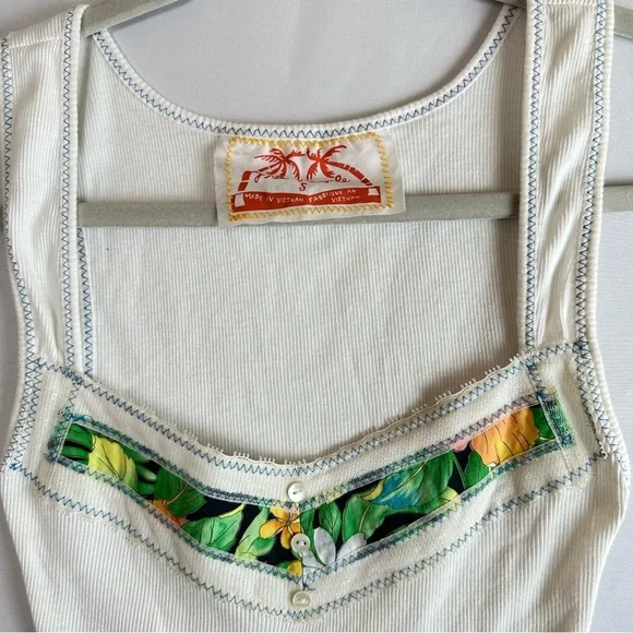 FREE PEOPLE white ribbed tank with tropical inset - size small - Picture 2 of 5